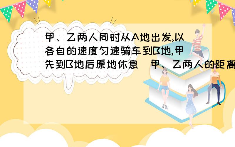 甲、乙两人同时从A地出发,以各自的速度匀速骑车到B地,甲先到B地后原地休息．甲、乙两人的距离y（千米）与乙骑车的时间x（小时）之间的函数关系图象如图,则A,B两地的距离为?