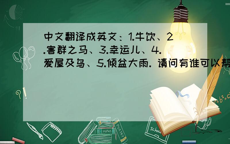 中文翻译成英文：1.牛饮、2.害群之马、3.幸运儿、4.爱屋及乌、5.倾盆大雨. 请问有谁可以帮忙,谢谢!