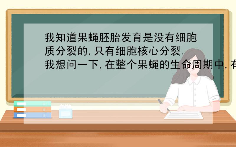 我知道果蝇胚胎发育是没有细胞质分裂的,只有细胞核心分裂.我想问一下,在整个果蝇的生命周期中,有细胞质分裂吗?在中国百科网，胚胎发育上一段说：“卵裂属表面卵裂。合子核反复分裂