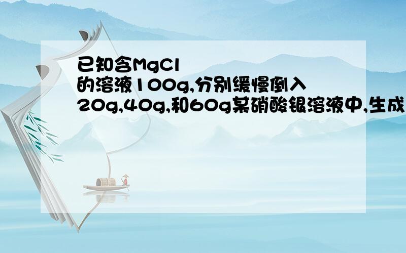 已知含MgCl₂的溶液100g,分别缓慢倒入20g,40g,和60g某硝酸银溶液中,生成沉淀的质量(g)分别为2.870 5.740和7.175,那么100g的MgCl₂溶液倒入质量为多少的硝酸银溶液中,恰好可以完全反应?