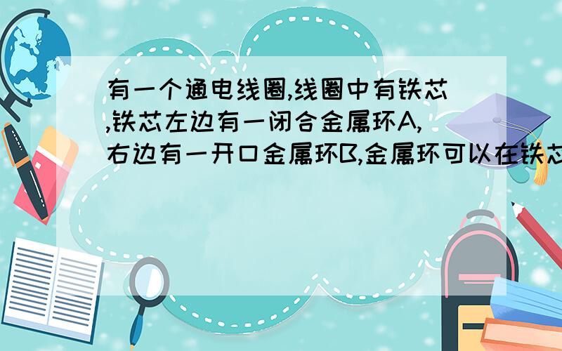 有一个通电线圈,线圈中有铁芯,铁芯左边有一闭合金属环A,右边有一开口金属环B,金属环可以在铁芯上无摩擦滑动,问开关闭合和打开时环A,B是否移动,什么方向,为什么线圈是有回路的，当开关