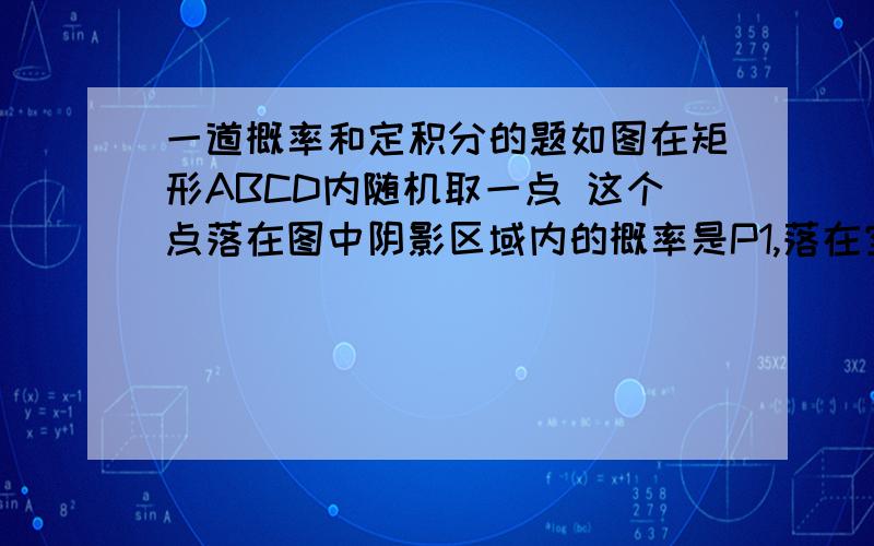 一道概率和定积分的题如图在矩形ABCD内随机取一点 这个点落在图中阴影区域内的概率是P1,落在空白区域内的概率是P2则 P1 P2的大小关系是?