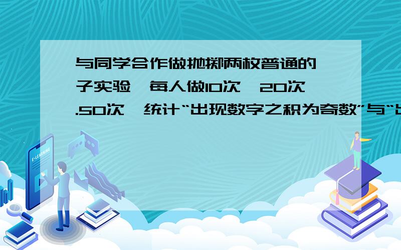 与同学合作做抛掷两枚普通的骰子实验,每人做10次,20次.50次,统计“出现数字之积为奇数”与“出现数字之积为偶数”这两件事情发生的频数和频率是多少,并用虚,实线绘制频率变化折线图,说