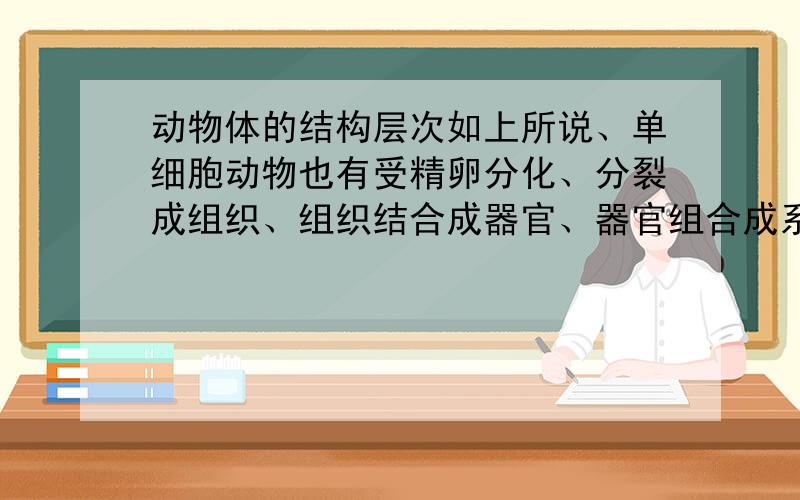 动物体的结构层次如上所说、单细胞动物也有受精卵分化、分裂成组织、组织结合成器官、器官组合成系统、系统组合为个体这种结构层次吗?