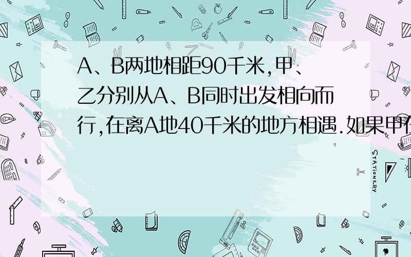 A、B两地相距90千米,甲、乙分别从A、B同时出发相向而行,在离A地40千米的地方相遇.如果甲在出发半小时后增速到原来的1.5倍,他们在AB的中点相遇,那么原来甲的速度为多少千米/时?