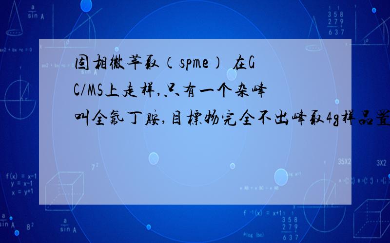 固相微萃取（spme） 在GC/MS上走样,只有一个杂峰叫全氟丁胺,目标物完全不出峰取4g样品置于15ml进样瓶中.将75μm CAR／PDMS萃取头在气相色谱的进样口老化,老化温度为250℃ ,载气体积流量为0.8 ml/m