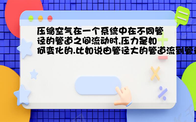 压缩空气在一个系统中在不同管径的管道之间流动时,压力是如何变化的.比如说由管径大的管道流到管径小的管道中时压力是变大,变小还是保持不变!本人小白,