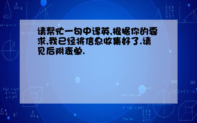 请帮忙一句中译英,根据你的要求,我已经将信息收集好了.请见后附表单.