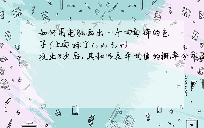 如何用电脑画出一个四面体的色子（上面标了1,2,3,4）投出8次后,其和以及平均值的概率分布图表