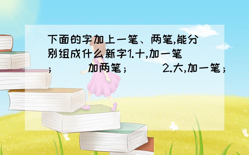 下面的字加上一笔、两笔,能分别组成什么新字1.十,加一笔；（ ）加两笔；（ ）2.大,加一笔；（ ）加两笔；（ ）