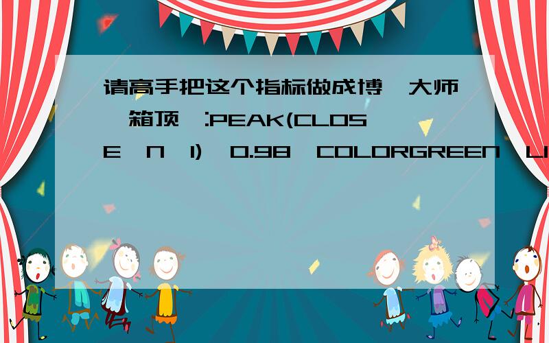 请高手把这个指标做成博弈大师【箱顶】:PEAK(CLOSE,N,1)*0.98,COLORGREEN,LINETHICK3;【箱底】:TROUGH(CLOSE,N,1)*1.02COLORRED,LINETHICK3;【箱高】:100*(【箱顶】-【箱底】)/【箱底】,NODRAW;MA2:MA(CLOSE,M2)COLORRED,LINETHI