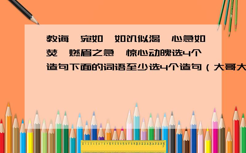 教诲、宛如、如饥似渴、心急如焚、燃眉之急、惊心动魄选4个造句下面的词语至少选4个造句（大哥大姐帮帮忙吧）教诲宛如如饥似渴心急如焚燃眉之急惊心动魄