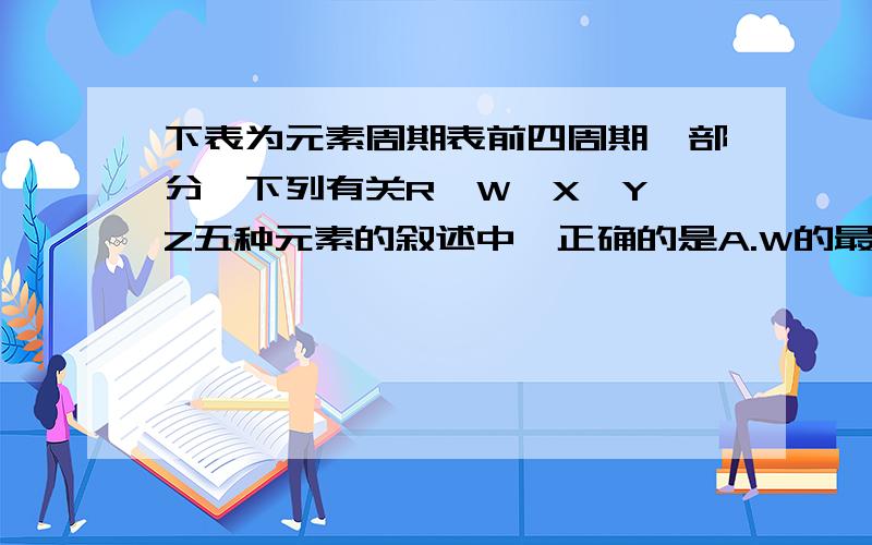 下表为元素周期表前四周期一部分,下列有关R、W、X、Y、Z五种元素的叙述中,正确的是A.W的最高价氧化物对应水化物的酸性比Y的强B.Y,Z的阴离子电子层结构都与R原子的相同C.W的氢化物比X的氢