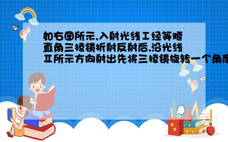 如右图所示,入射光线Ⅰ经等腰直角三棱镜折射反射后,沿光线Ⅱ所示方向射出先将三棱镜旋转一个角度α,则出射光线将 （ ）A.与原出射光线成α角 B.与原出射光线成2α角C.与原出射光线Ⅱ平行