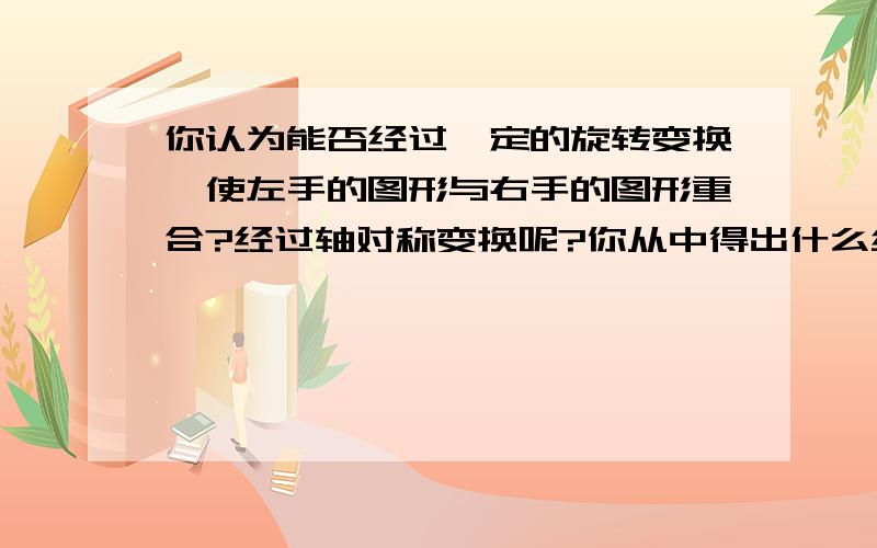 你认为能否经过一定的旋转变换,使左手的图形与右手的图形重合?经过轴对称变换呢?你从中得出什么结论