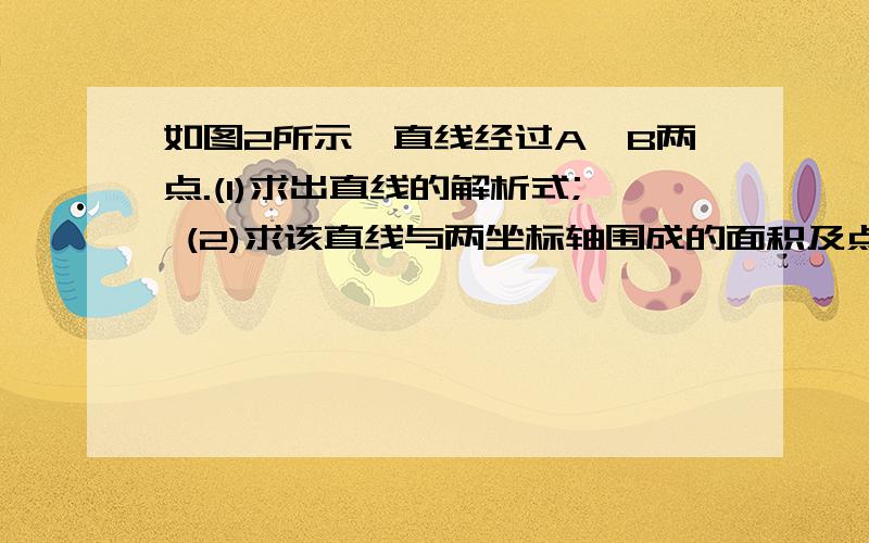 如图2所示,直线经过A、B两点.(1)求出直线的解析式; (2)求该直线与两坐标轴围成的面积及点O到直线的距离快,今天之内怎么插不起图