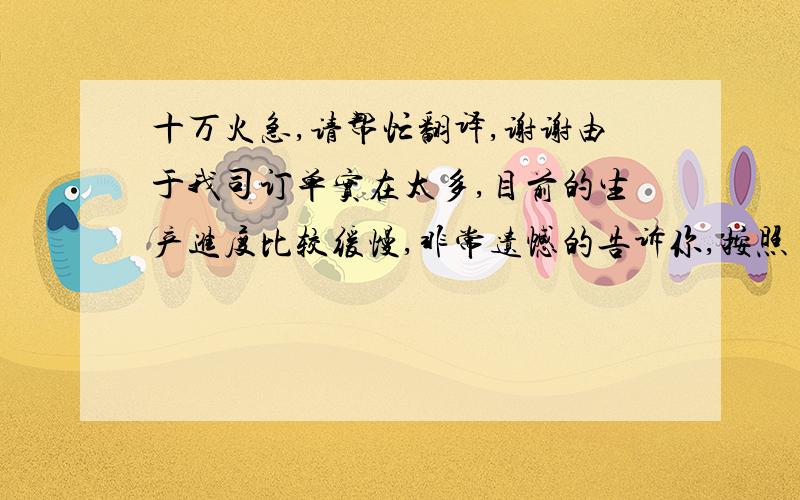 十万火急,请帮忙翻译,谢谢由于我司订单实在太多,目前的生产进度比较缓慢,非常遗憾的告诉你,按照目前的生产进度我们无法按时交货.另外,我们还必须要进行严格的质量把关,贵公司是很优