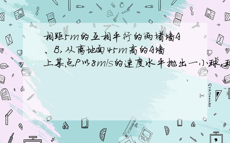 相距5m的互相平行的两堵墙A、B,从离地面45m高的A墙上某点P以8m/s的速度水平抛出一小球,球与A、B相撞没有机械能损失且时间极短可忽略不计,球落地后不反弹,则小球的落地点与A墙的距离为多