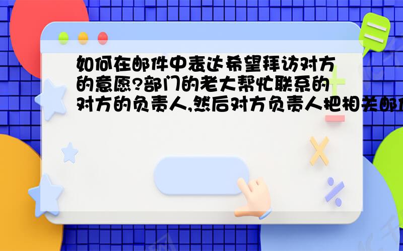 如何在邮件中表达希望拜访对方的意愿?部门的老大帮忙联系的对方的负责人,然后对方负责人把相关邮件抄送给了相应的可以联系的人.于是我应该如何给那个人发邮件呢==?如何说明我是对方