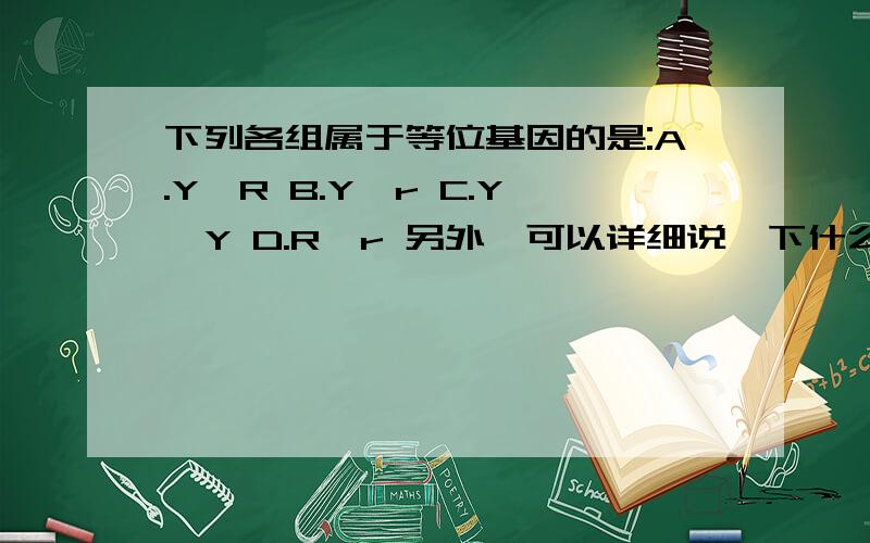 下列各组属于等位基因的是:A.Y,R B.Y,r C.Y,Y D.R,r 另外,可以详细说一下什么叫等位基因和非等位基因吗?如YY是等位基因吗?那么Yy是等位基因吗?(不要复制的深奥资料...