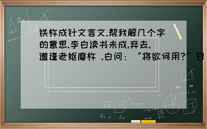 铁杵成针文言文.帮我解几个字的意思.李白读书未成,弃去.道逢老妪磨杵 .白问：“将欲何用?”曰：“欲作针.”白笑其 .老妪曰：“功到自然成耳.”白大为感动,遂还读卒业,成名士.