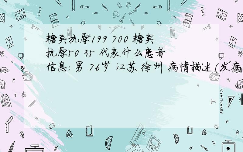 糖类抗原199 700 糖类抗原50 35 代表什么患者信息：男 76岁 江苏 徐州 病情描述(发病时间、主要症状等)：糖类抗原199 700 糖类抗原50 35 代表什么想得到怎样的帮助：糖类抗原199 700 糖类抗原50 35