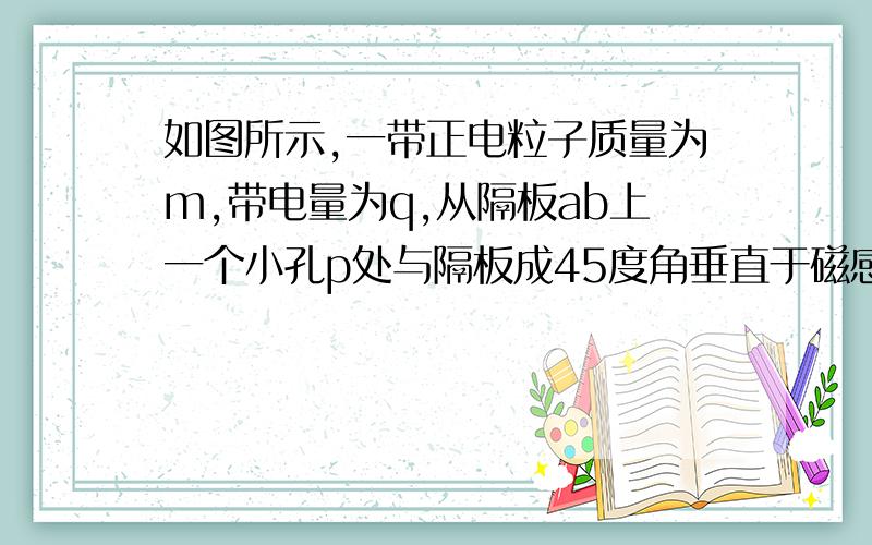 如图所示,一带正电粒子质量为m,带电量为q,从隔板ab上一个小孔p处与隔板成45度角垂直于磁感线射入磁感应强度为B的匀强磁场区,粒子初速度大小为v,则,（一）粒子经过多长时间再次到达隔板?