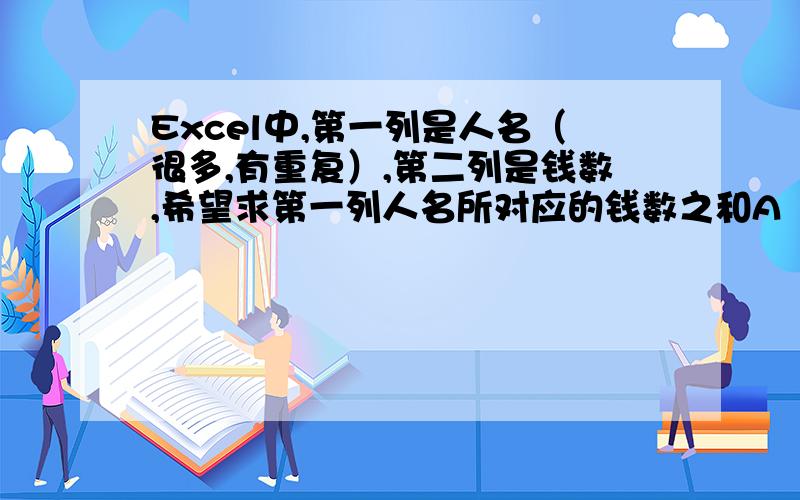 Excel中,第一列是人名（很多,有重复）,第二列是钱数,希望求第一列人名所对应的钱数之和A          B张三  23李四  35王五  25 张三  33 马六  22王五  55现在求第一列中人名所对应的钱数之和,应该