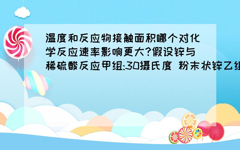 温度和反应物接触面积哪个对化学反应速率影响更大?假设锌与稀硫酸反应甲组:30摄氏度 粉末状锌乙组:50摄氏度 块状锌 (其余条件皆相同)试问哪一组反应速率更快?(不介意出现大学数理化,