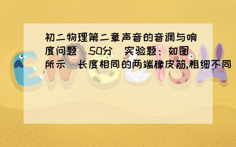 初二物理第二章声音的音调与响度问题（50分）实验题：如图所示（长度相同的两端橡皮筋,粗细不同）,用一样的力拨动粗细不同的橡皮筋,出现不同结果的是（ 此处填空1 ）,若把细橡皮筋再