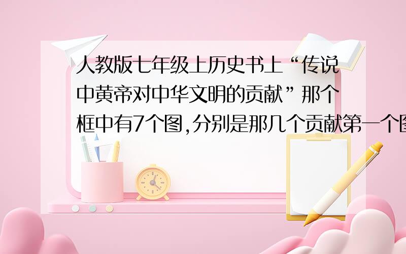 人教版七年级上历史书上“传说中黄帝对中华文明的贡献”那个框中有7个图,分别是那几个贡献第一个图是一个人在写字,第二个是一个人在鼓捣植物类的东西,第三个是一个车上面有个人在指