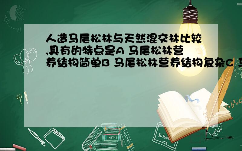 人造马尾松林与天然混交林比较,具有的特点是A 马尾松林营养结构简单B 马尾松林营养结构复杂C 马尾松林的自动调节力强D 马尾松林对松毛虫的抵抗力强四选一（ ）