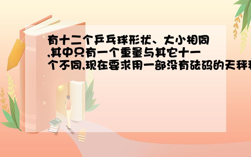 有十二个乒乓球形状、大小相同,其中只有一个重量与其它十一个不同,现在要求用一部没有砝码的天秤称三次不知道轻重也好做先分成3组,每组4个,标号1,2,3,第一次称：1放天平左,2放天平右如