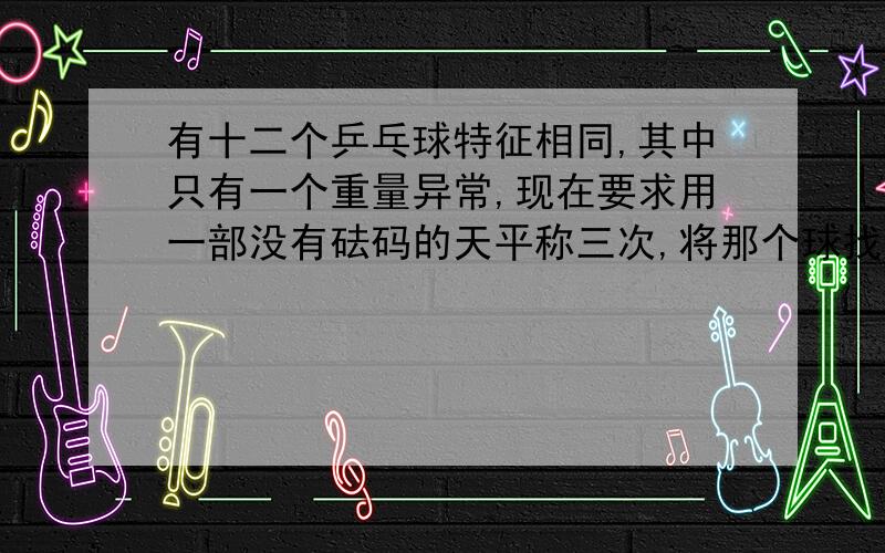 有十二个乒乓球特征相同,其中只有一个重量异常,现在要求用一部没有砝码的天平称三次,将那个球找出来.