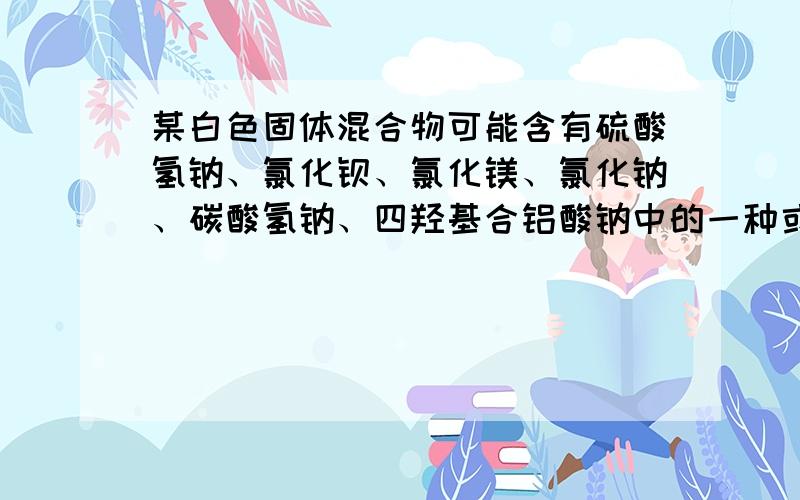 某白色固体混合物可能含有硫酸氢钠、氯化钡、氯化镁、氯化钠、碳酸氢钠、四羟基合铝酸钠中的一种或几种,对试样进行检测,有如下的实验现象：1.取少量该固体物质,加水溶解,最终得到澄