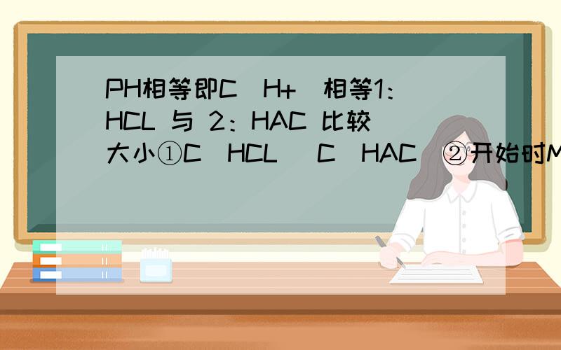 PH相等即C（H+）相等1：HCL 与 2：HAC 比较大小①C(HCL) C(HAC)②开始时Mg反应V,v₁?v₂③消耗NaOH能力n（NaOH）₁?n（NaOH）₂④与足量Zn反应生成H₂量 n（H₂）₁?n（H₂）̀