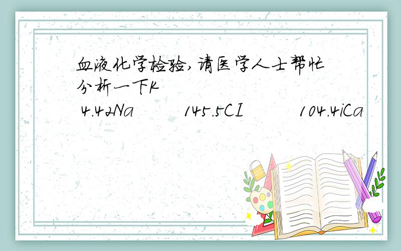 血液化学检验,请医学人士帮忙分析一下K          4.42Na        145.5CI         104.4iCa        1.44TCa       2.80PH         7.50AB          22.3