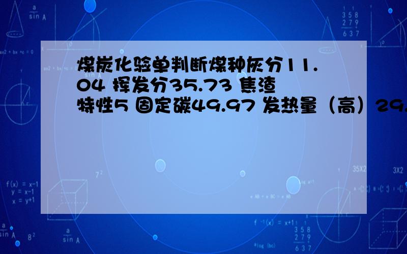 煤炭化验单判断煤种灰分11.04 挥发分35.73 焦渣特性5 固定碳49.97 发热量（高）29.32MJ (低）28.21MJ 硫0.42 粘结指数52 胶质层指数(Y)11 (X)16.5 .以上指标请问是什么煤种 ,能不能炼焦炭