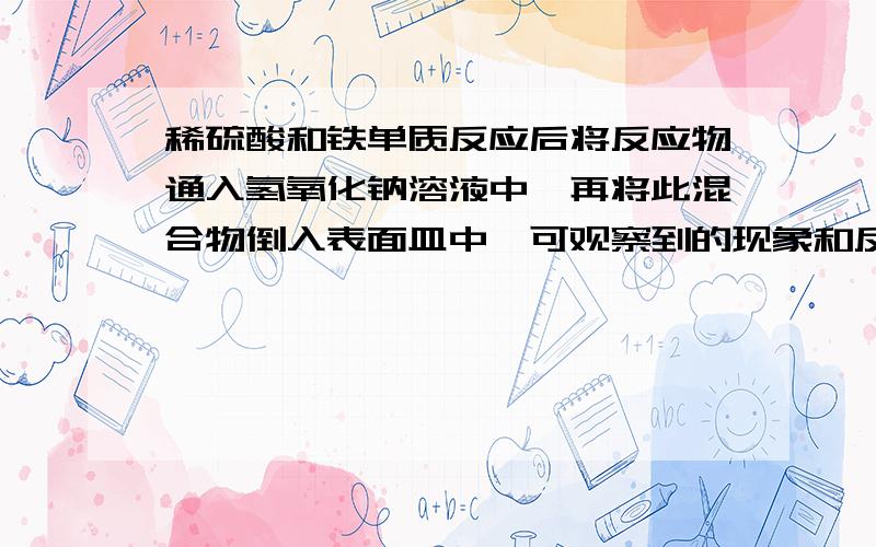 稀硫酸和铁单质反应后将反应物通入氢氧化钠溶液中,再将此混合物倒入表面皿中,可观察到的现象和反应方程