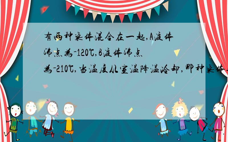 有两种气体混合在一起,A液体沸点为-120℃,B液体沸点为-210℃,当温度从室温降温冷却,那种气体先液化