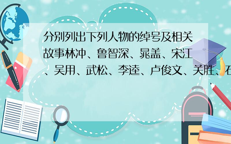 分别列出下列人物的绰号及相关故事林冲、鲁智深、晁盖、宋江、吴用、武松、李逵、卢俊文、关胜、石秀打错 倒数第三个为卢俊义