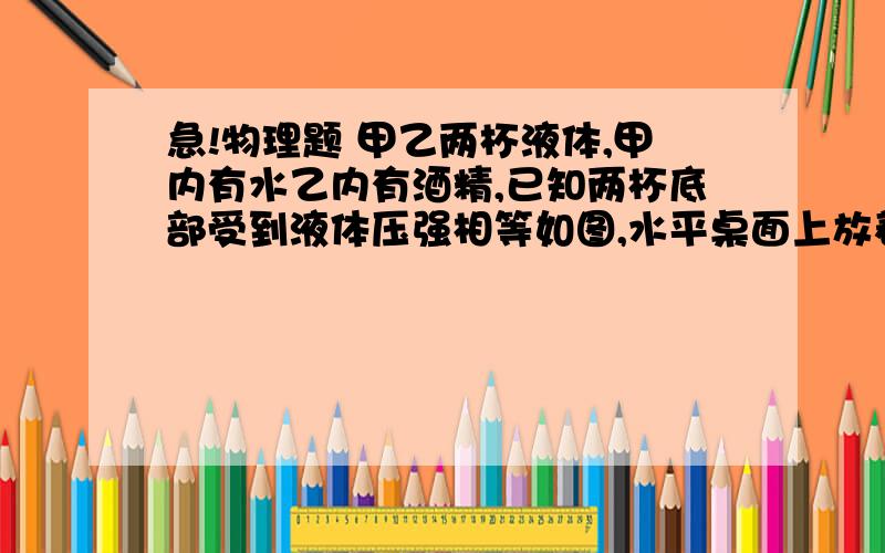 急!物理题 甲乙两杯液体,甲内有水乙内有酒精,已知两杯底部受到液体压强相等如图,水平桌面上放着甲乙两杯液体,甲内装有水,乙内装有酒精,已知两杯底部受到的液体压强相等,且两杯液体内A