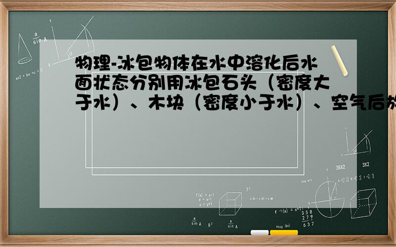 物理-冰包物体在水中溶化后水面状态分别用冰包石头（密度大于水）、木块（密度小于水）、空气后放入水中,待冰融化后求液面变化.物理强的亲们,给下证明,