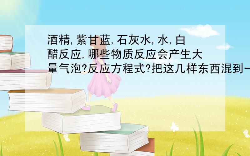 酒精,紫甘蓝,石灰水,水,白醋反应,哪些物质反应会产生大量气泡?反应方程式?把这几样东西混到一块发现的