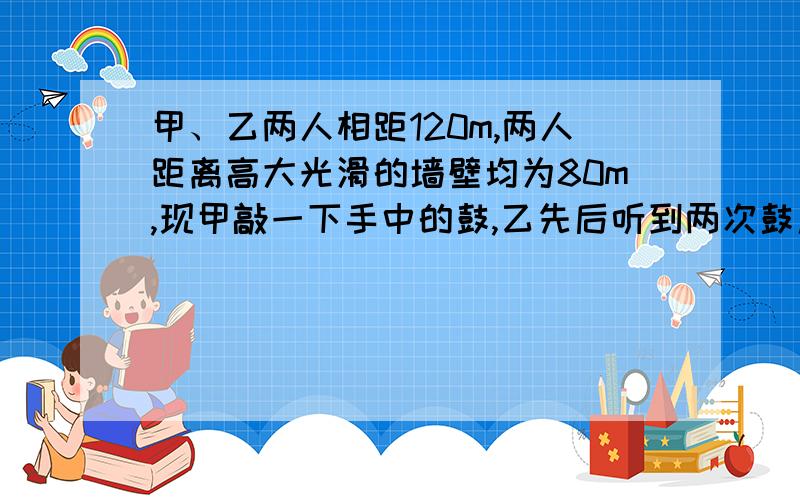 甲、乙两人相距120m,两人距离高大光滑的墙壁均为80m,现甲敲一下手中的鼓,乙先后听到两次鼓声.求乙听到第一次鼓声与第二次鼓声之间相隔的时间