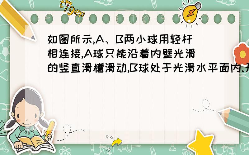 如图所示,A、B两小球用轻杆相连接,A球只能沿着内壁光滑的竖直滑槽滑动,B球处于光滑水平面内.开始时,杆竖直,A、B静止.由于微小的扰动,B球开始沿着水平面向右运动.已知A球的质量为mA,B球为m