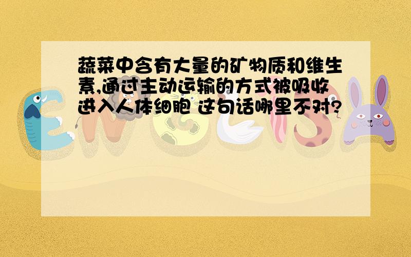 蔬菜中含有大量的矿物质和维生素,通过主动运输的方式被吸收进入人体细胞 这句话哪里不对?