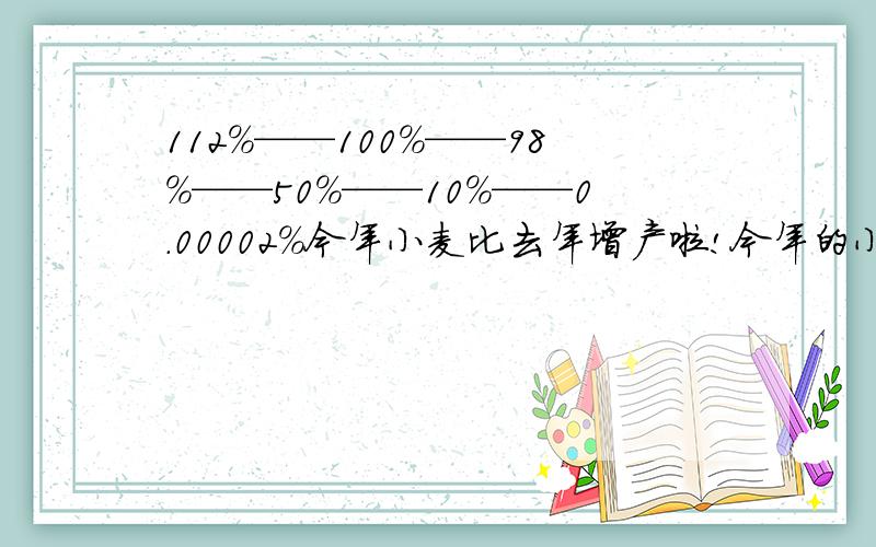 112%——100%——98%——50%——10%——0.00002%今年小麦比去年增产啦!今年的小麦产量相当于去年的（）今天有个别同学请假,到校的学生数量是咱们全班的（）司机一个急刹车,汽车速度马上就降