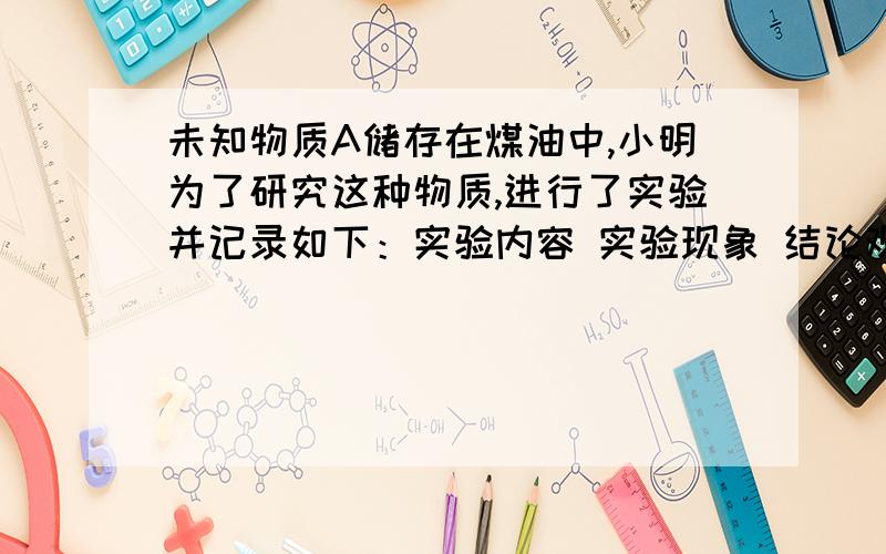 未知物质A储存在煤油中,小明为了研究这种物质,进行了实验并记录如下：实验内容 实验现象 结论观察 A沉于试剂瓶底部 密度比煤油大取出A用小刀切割 易切开,断面呈银白色光泽 硬度小放置