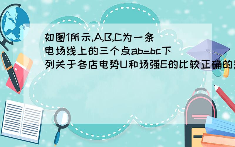 如图1所示,A,B,C为一条电场线上的三个点ab=bc下列关于各店电势U和场强E的比较正确的是A.Ua>Ub>Uc     B、Ea<EbE<c         C.Ua-Ub=Ub-Uc    D.Ea=Eb=Ec